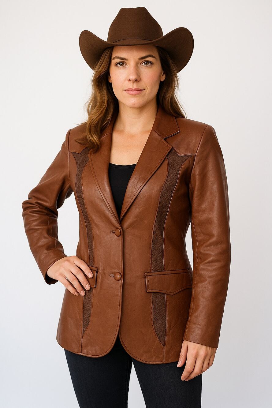 1980s Pioneer Wear genuine Brown leather blazer snakeskin-style insets medium